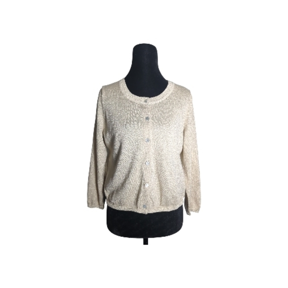 Knitted And Knotted Med Ivory Gold Thread Button Up Cardigan Lace Back Romantic